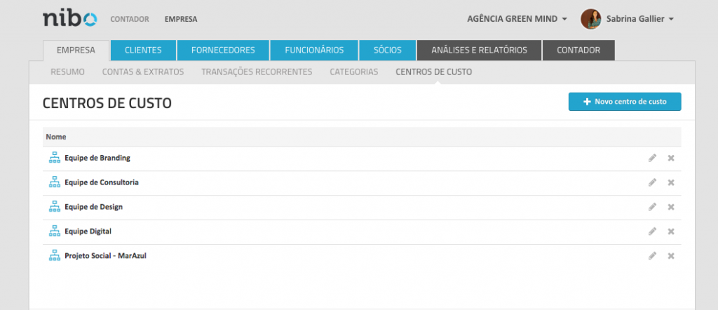 Exemplo de Centro de Custos - Software NIBO